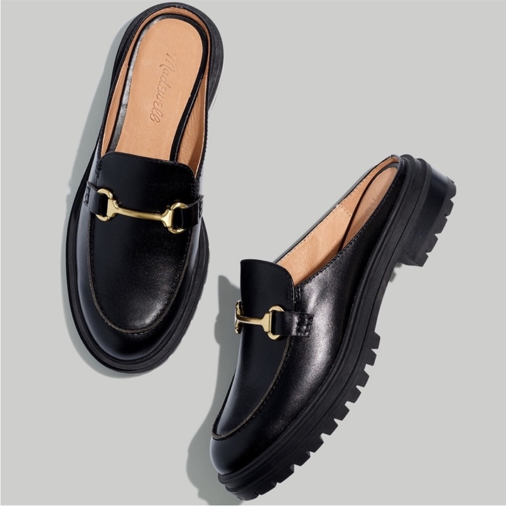 Madewell Black Leather Mules with Gold Accent